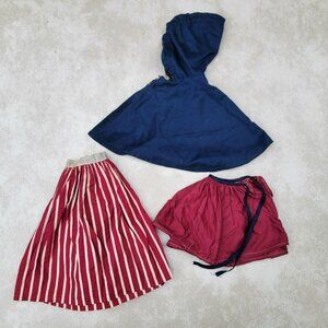 19th C. Doll Clothes Hooded Cape Maroon Stripe Skirt Petticoat 10" Waist